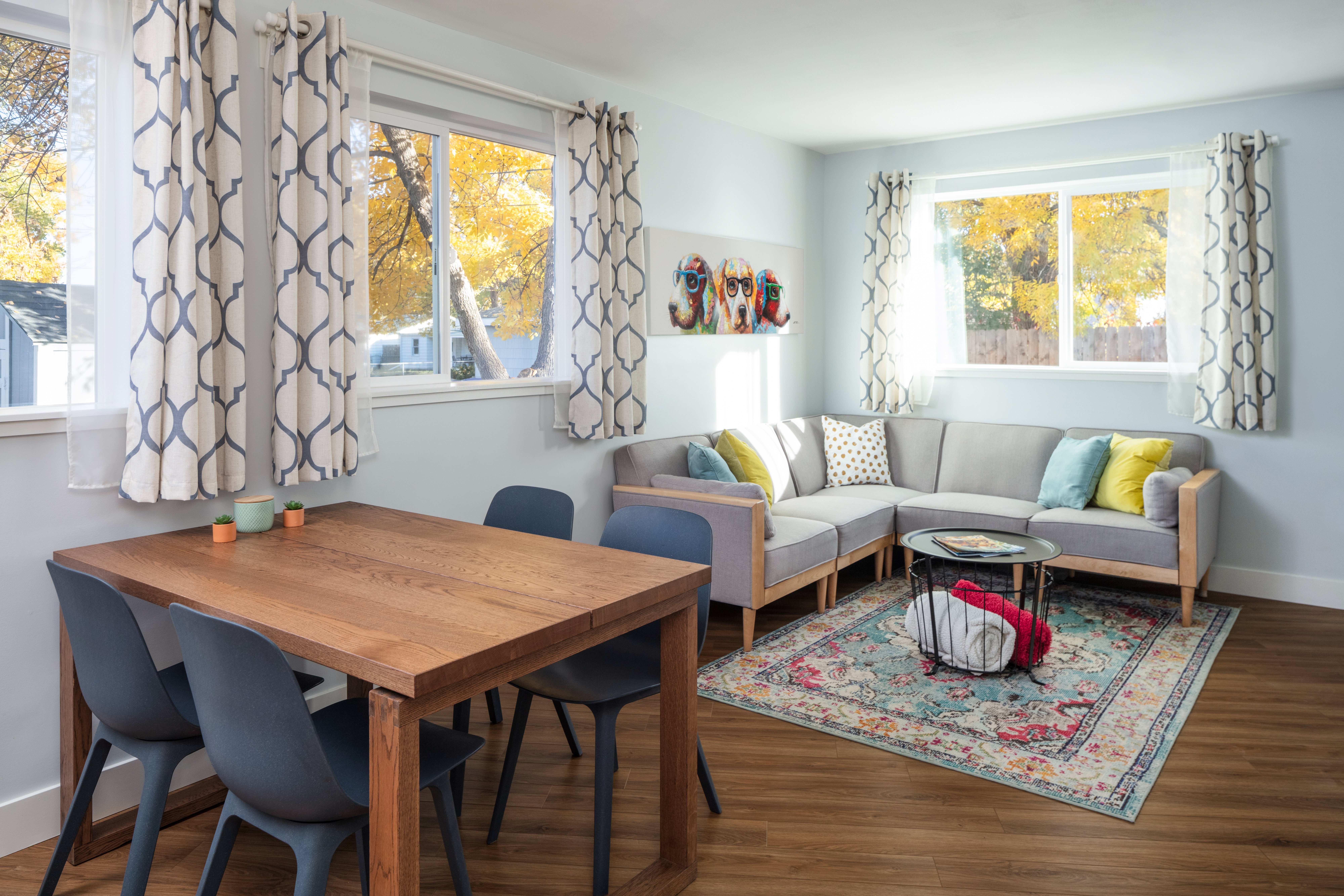 ADU Lafayette Colorado — open living area with fall cottonwood views through windows, Old Town Lafayette, Intentional Architecture