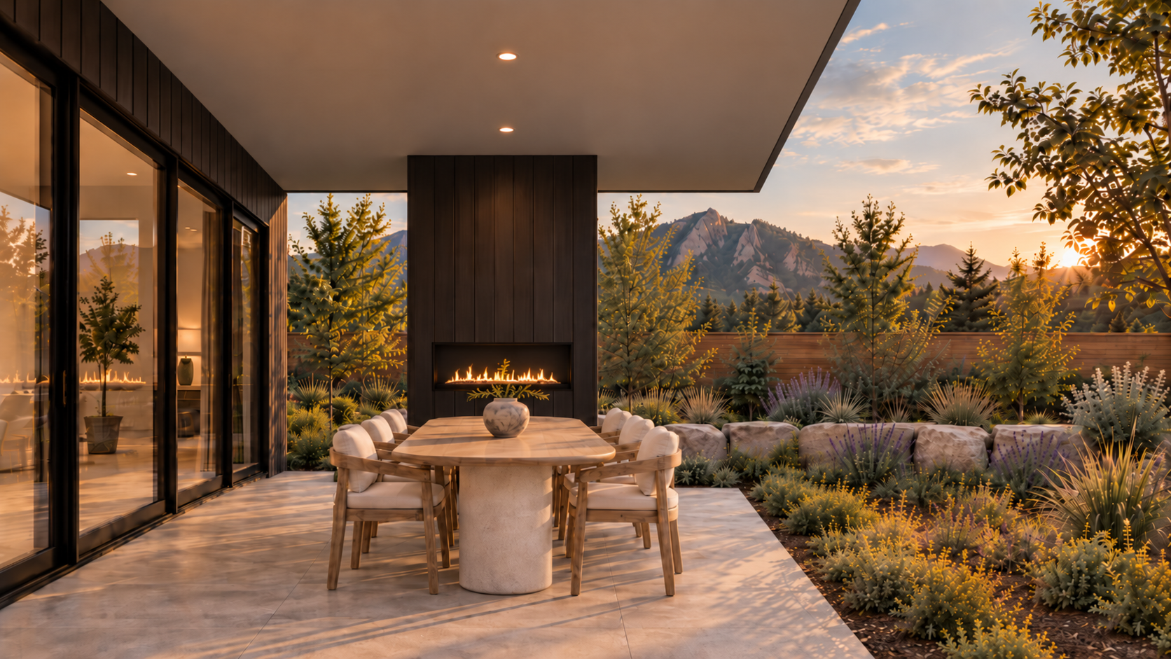 Covered outdoor dining terrace at Dakota House in Boulder with fireplace, native landscaping, and views toward the foothills.