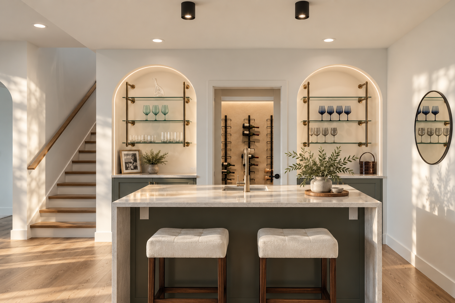 Custom wet bar and wine storage at Enclave Residence with symmetrical illuminated arched niches, glass shelving, brass hardware, marble countertop, and a view into the wine cellar beyond.