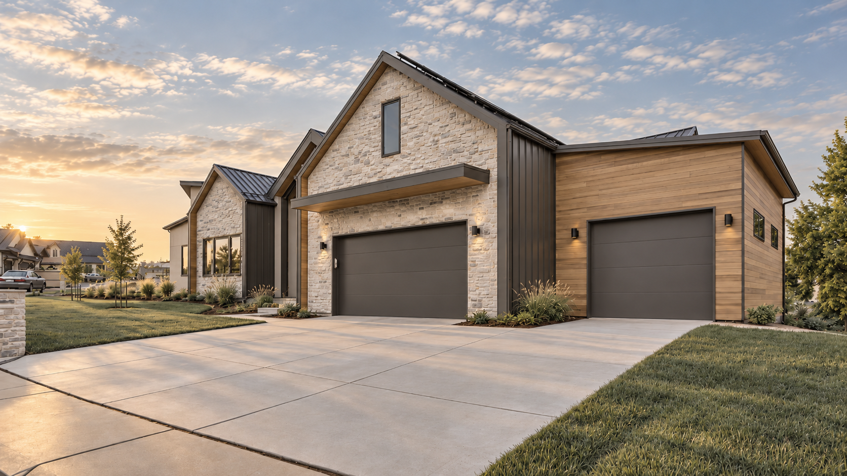 Garage-side exterior of Enclave Residence in Louisville, Colorado at sunset, showing the full material composition of stone, warm wood siding, dark steel trim, and standing-seam metal roof.