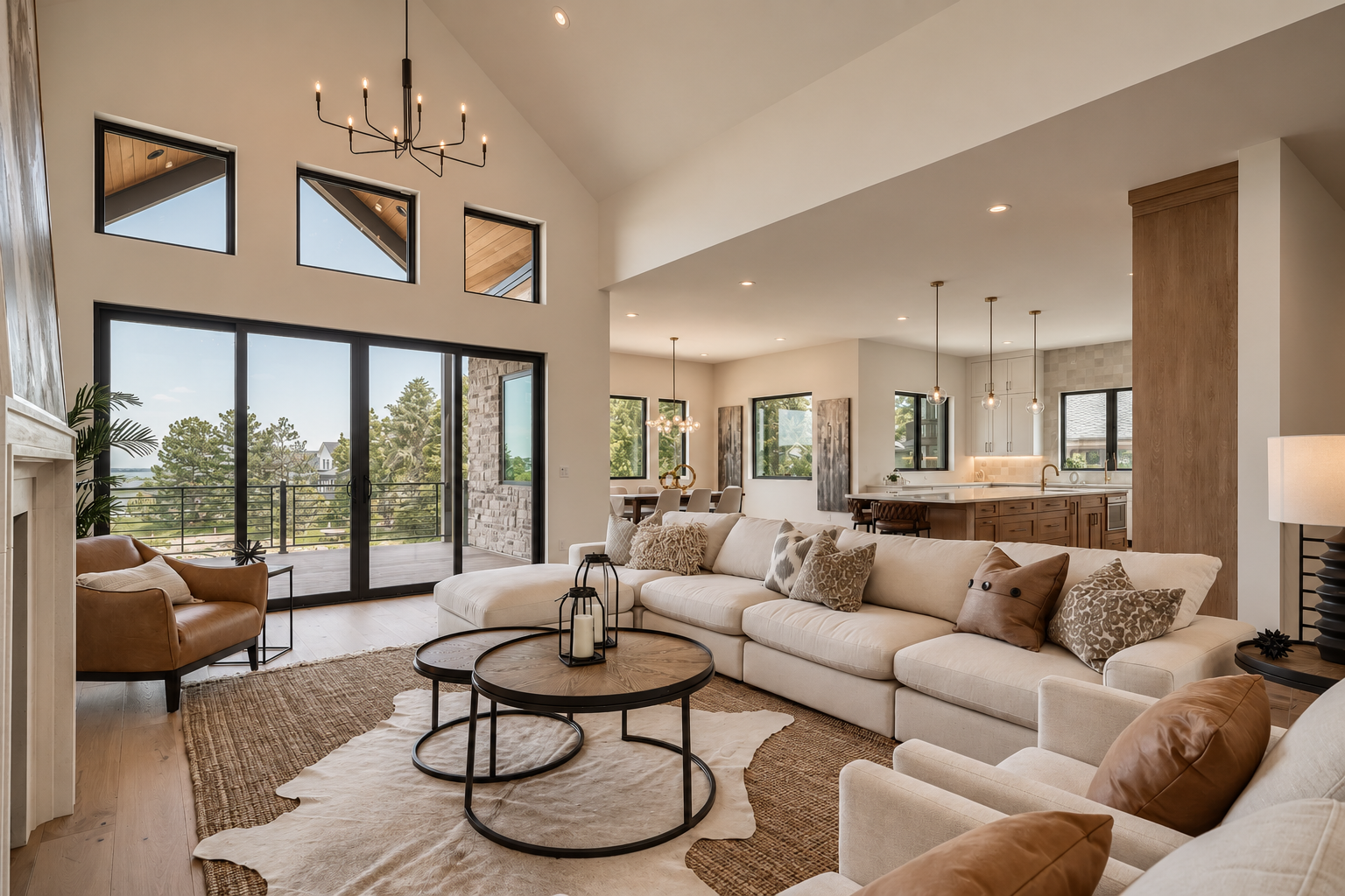Open living room at Enclave Residence with expansive glazing, high ceilings, clerestory windows, and connection to the outdoor deck and landscape beyond.