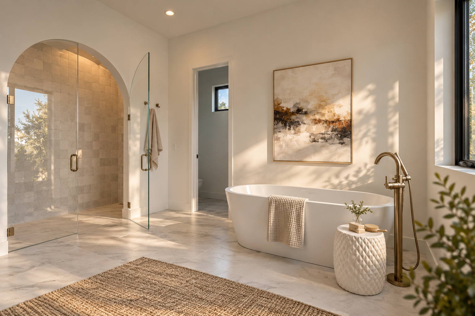 Primary bathroom at Enclave Residence with freestanding soaking tub, large arched shower enclosure, brass hardware, natural light, and restrained contemporary finishes.