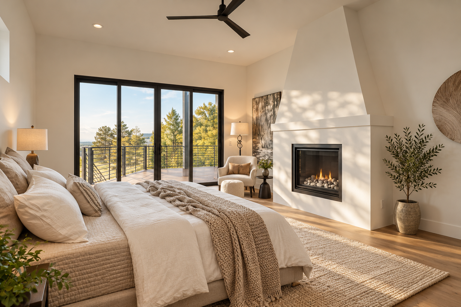 Primary bedroom at Enclave Residence with vaulted ceiling, sculptural fireplace, expansive glazing to outdoor views, and warm natural finishes.
