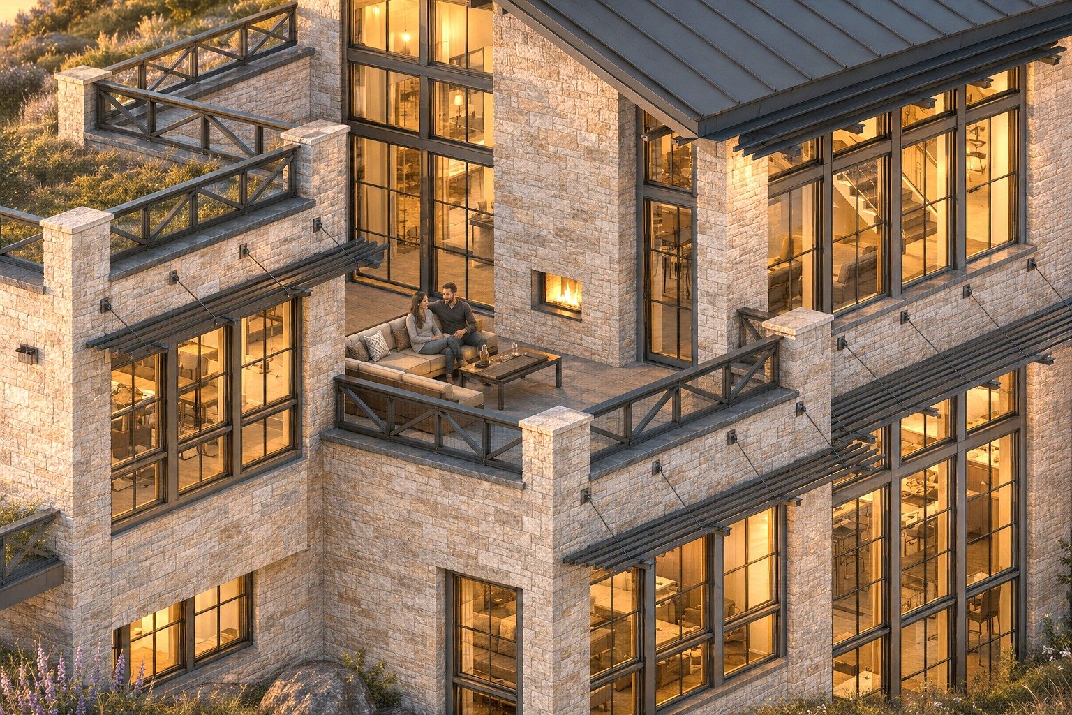 Residence of the Pines — private guest-level patio overlooking the lake, unincorporated Boulder County, Colorado