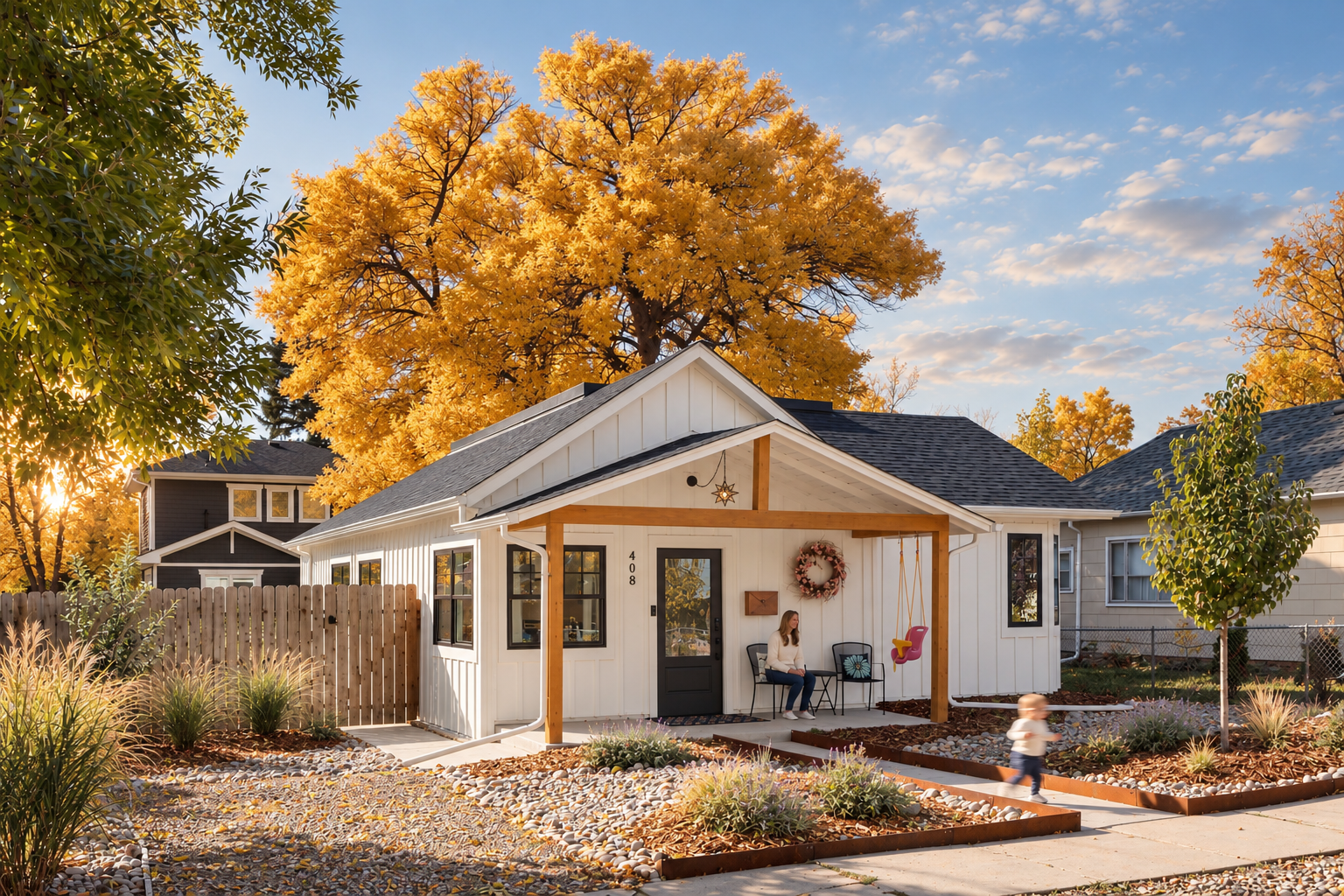 Renovated Old Town Lafayette home with white board-and-batten siding, covered front porch, and mature neighborhood landscape.