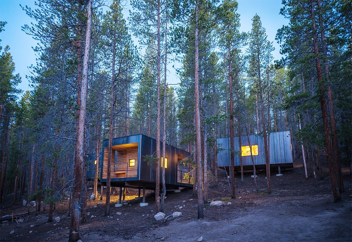 Mountain Modern Cabins — cabins on stilts among lodgepole pines, Leadville, Colorado
